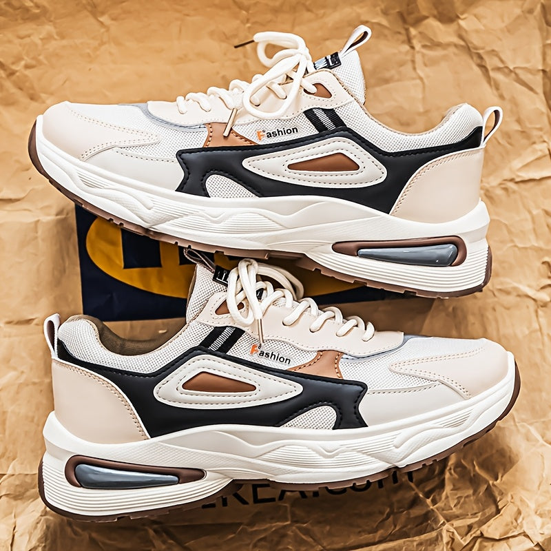 Men's Fashion Sneakers - White/Black/Brown PU Upper, Breathable Fabric Lining Cushioned EVA Insole, Durable PVC Sole, Lace-Up Mid-Top Design for All-Season Casual Daily Wear, High Top Sneakers, Versatile Footwear, Modern
