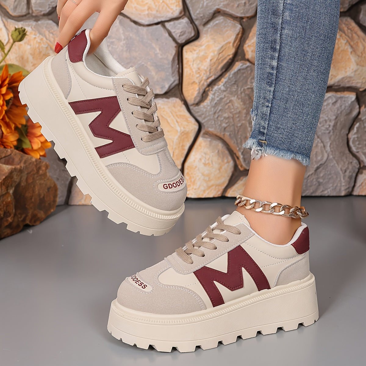 Women's Casual Lace-Up Sneakers - Breathable, Thick Sole, Round Toe, Faux Cover - White, High Top Sneakers