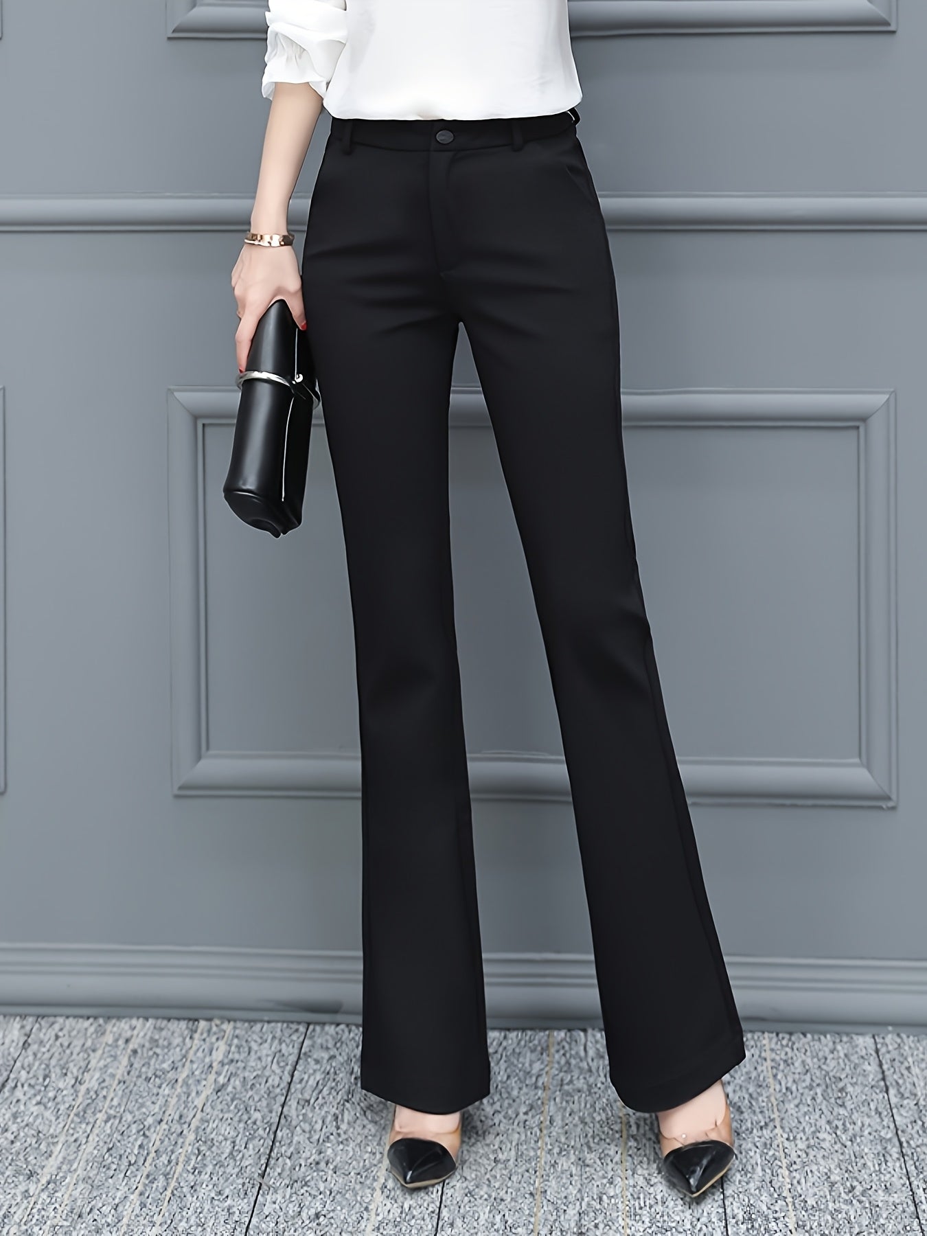 Women's Elegant Black Tailored Pants - High Waist, Straight Leg, Nylon Blend, Perfect for Spring & Fall, Zip Closure, Casual to Semi-Formal Wear, Casual to Formal Wear|Highwaist Trousers|Smooth Texture