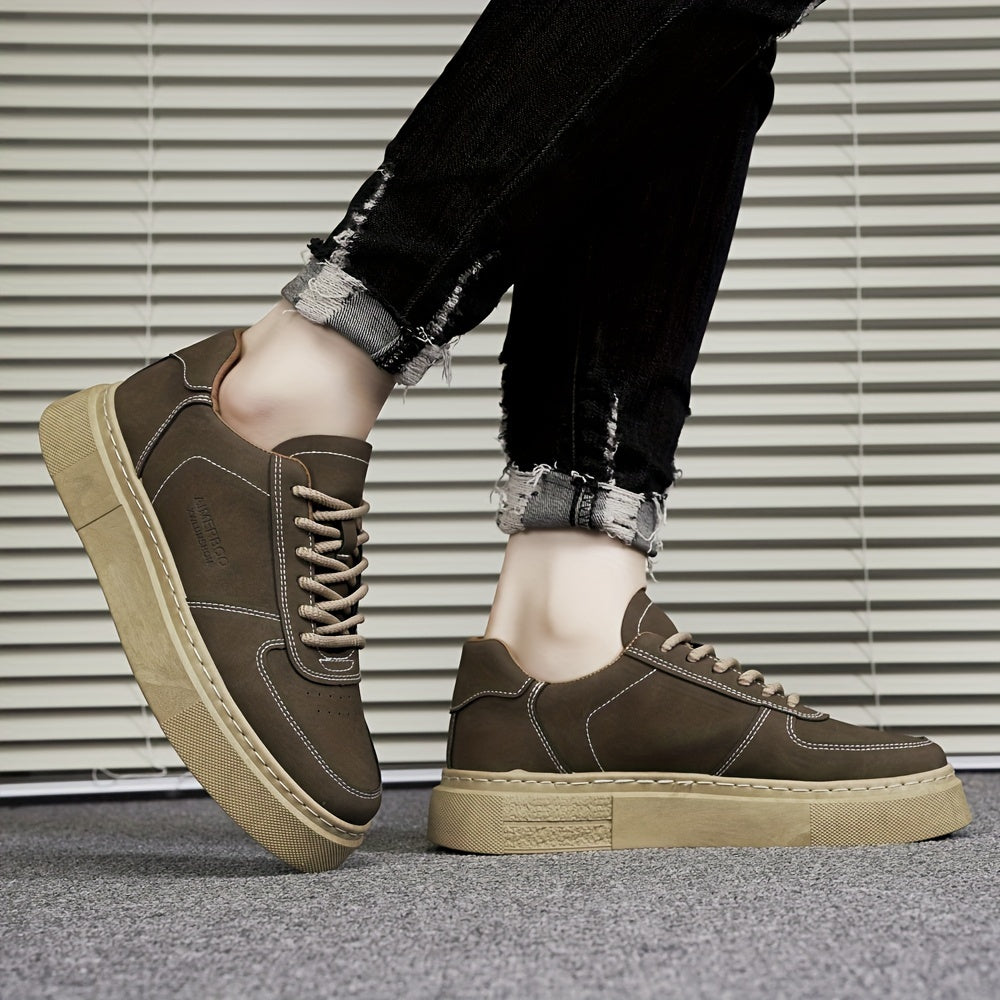 Men's Solid Colour Platform Skateboard Shoes, Comfy Non Slip Durable Lace Up Sneakers For Men's Outdoor Activities