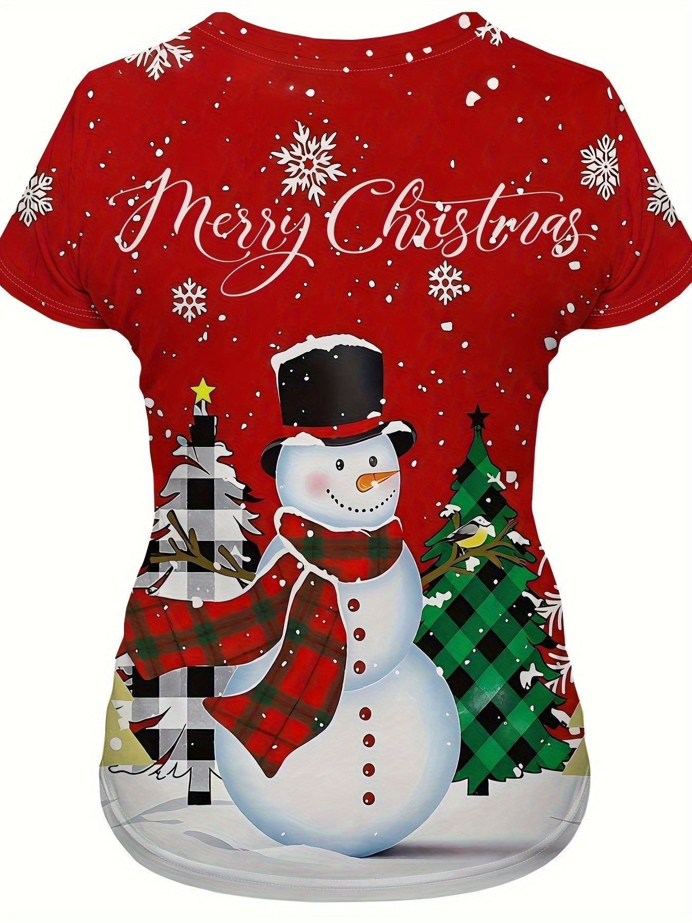 Plus Size, Women'S Plus Size Red Christmas T-Shirt with Snowman & Plaid Tree Design - Cozy Crew Neck Long Sleeve Pullover, Merry Christmas Lettering, Machine Washable Casual Winter Fall Top For Holiday Parties & Casual Attire