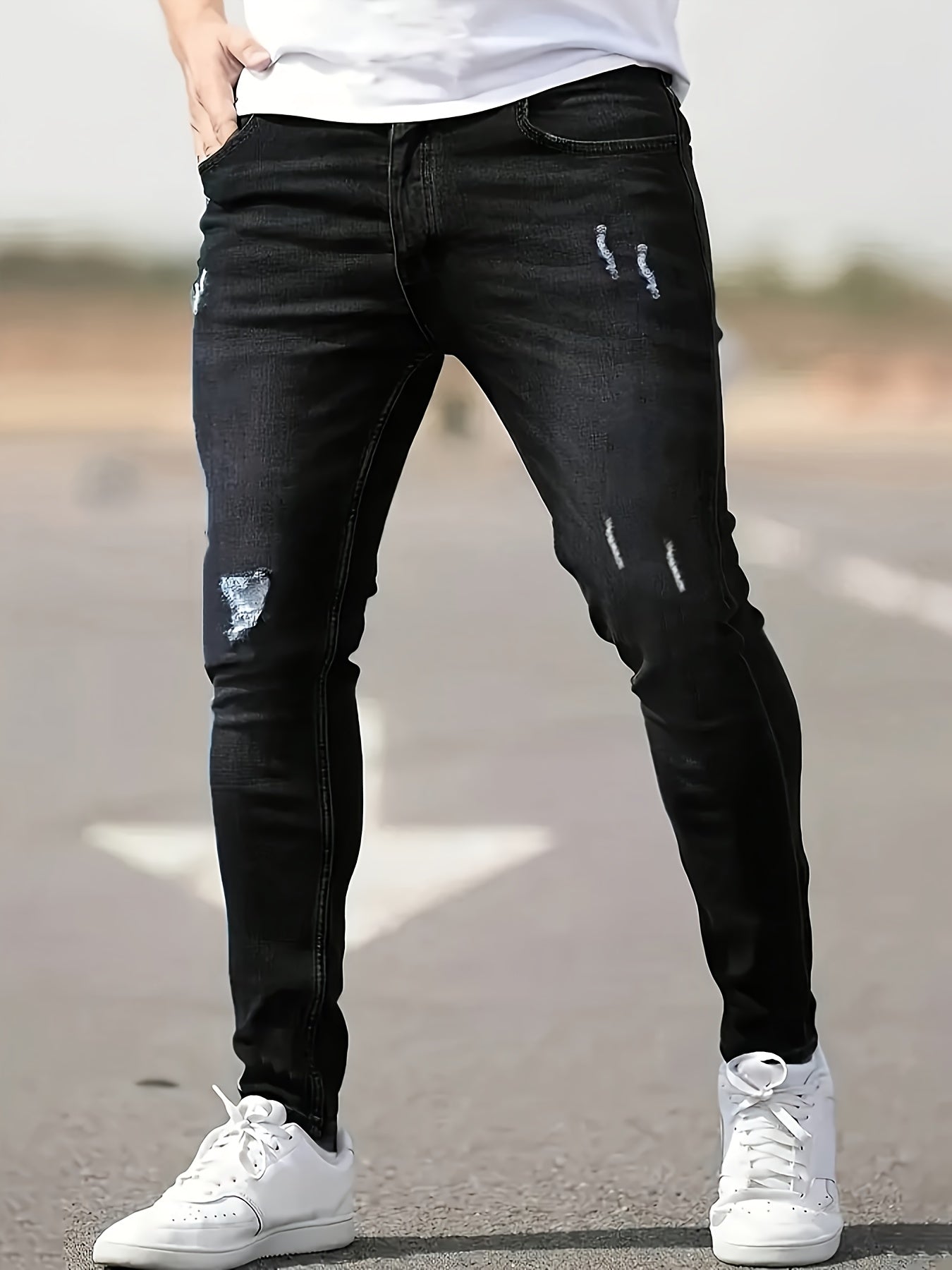 Men's Slim Fit Stretch Denim Jeans - Casual, Breathable & Machine Washable with Ripped Detail