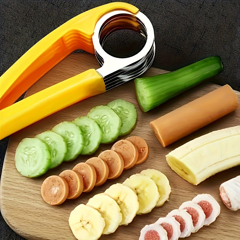 Premium Banana & Cucumber Slicer Pro - Sharp Stainless Steel Blade, Manual Handheld Slicer with Ergonomic Yellow Plastic Handle - Dishwasher Safe, Rust-Resistant & BPA-Free for Healthy Snacks, Meal Prep, Home & Professional K