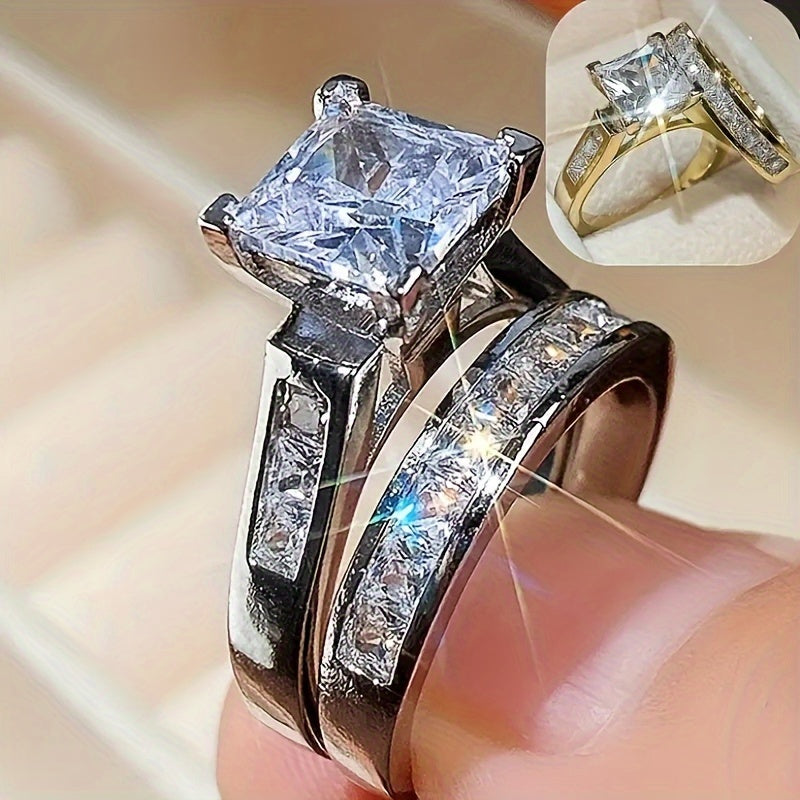 2pcs/set Fashionable Couple Jewelry Set with Shiny Square Cubic Zirconia Wedding Rings, Promise the Bride Eternal Engagement Jewelry, Classic Anniversary Valentine's Day Birthday Party Christmas Gift