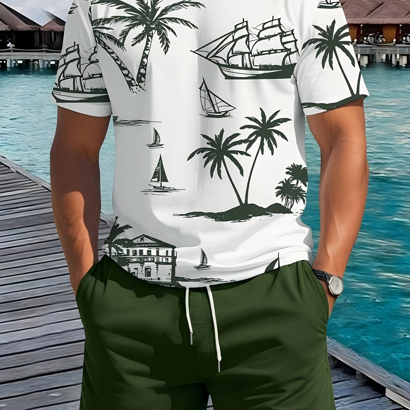 2pcs Summer Casual Everyday Men'S Short Sleeve Shorts Set Hawaiian Print Men'S T-shirt Outdoor Sports Men'S Beach Shorts