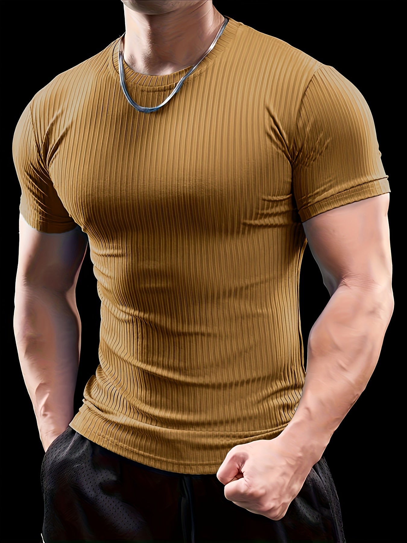 Men's Slim Fit Ribbed Short Sleeve T-Shirt - Stretchy Athletic Casual Wear, Green, Round Neck, Machine Washable, Muscle-Enhancing Design, Gym Shirts