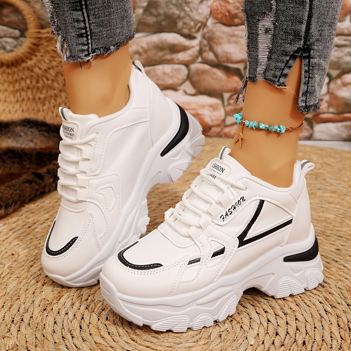 1 Pair Women'S Fashion Sneakers - Lightweight All-Season Casual Sports Shoes with Man-Made Upper, Fabric Inner, Faux Leather Sole, and Random Printing Design