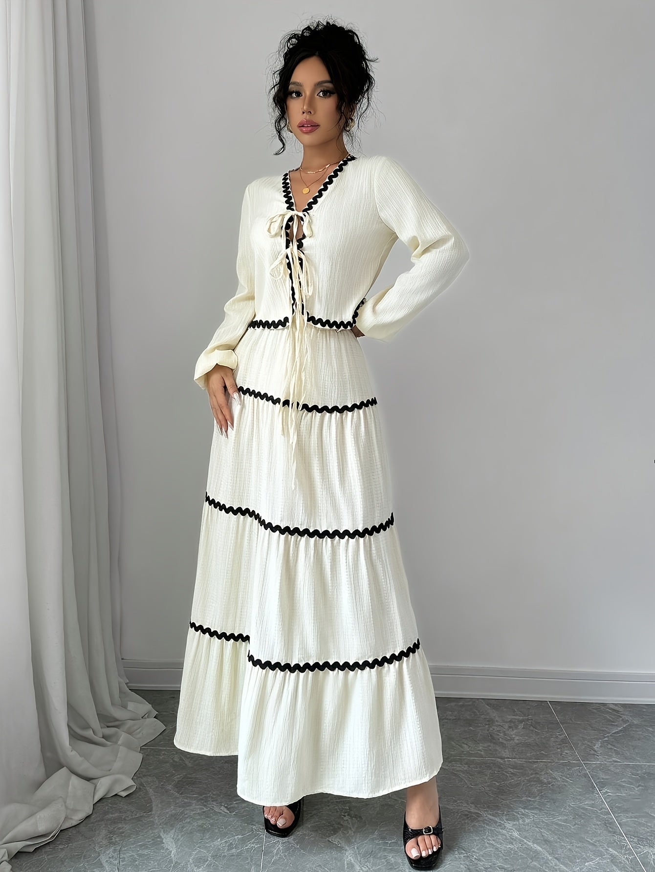 Women's Elegant French Style Lantern Sleeve Ruffle Hem Bow Dress and Skirt Set