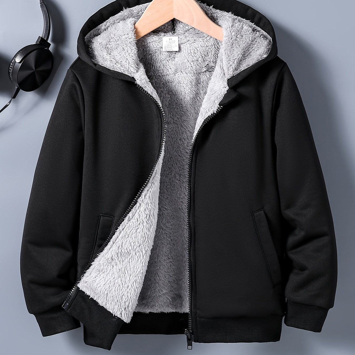 Boys' Cozy & Stylish Black Hooded Jacket - Soft, Casual Zip-Up Cardigan with Pockets, Polyester Blend, Perfect for Fall/Winter Comfort, Outdoor Youngsters Apparel|Hooded Cardigan|Machine Washable Fabric, Boy Jacket