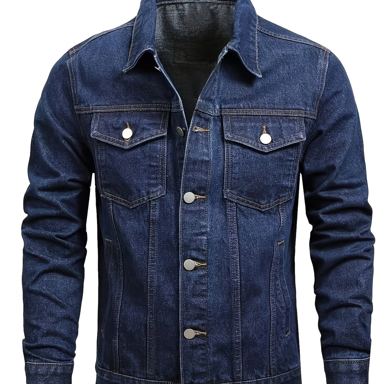 1pc Men'S Casual Denim Jacket, 80% Cotton 20% Polyester, Solid Color, Lapel Collar, Non-Stretch Woven Fabric, Regular Fit with Pockets