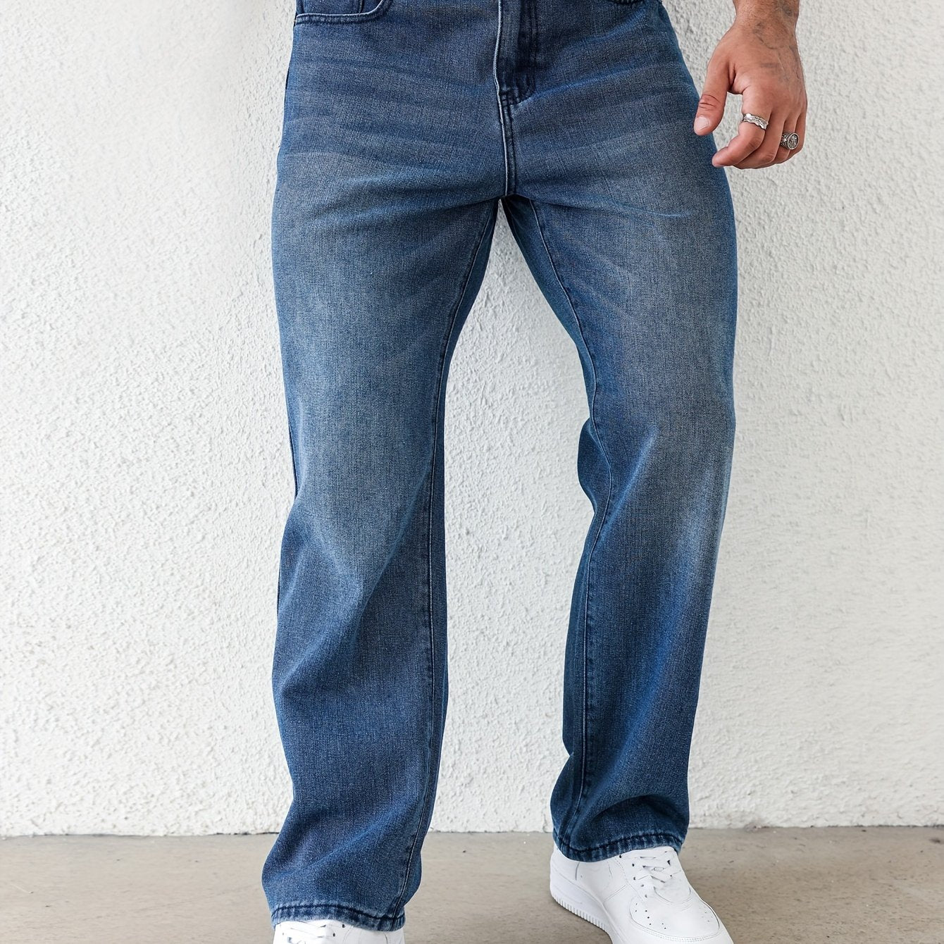 Men's Classic Straight-Leg Jeans - Casual Denim with Pockets, Machine Washable, All-Season Comfort