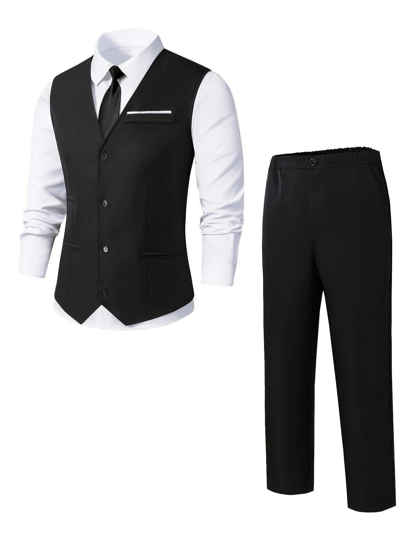 Teen Boys Black Two-Piece Vest Suit with Elastic Waist Pants