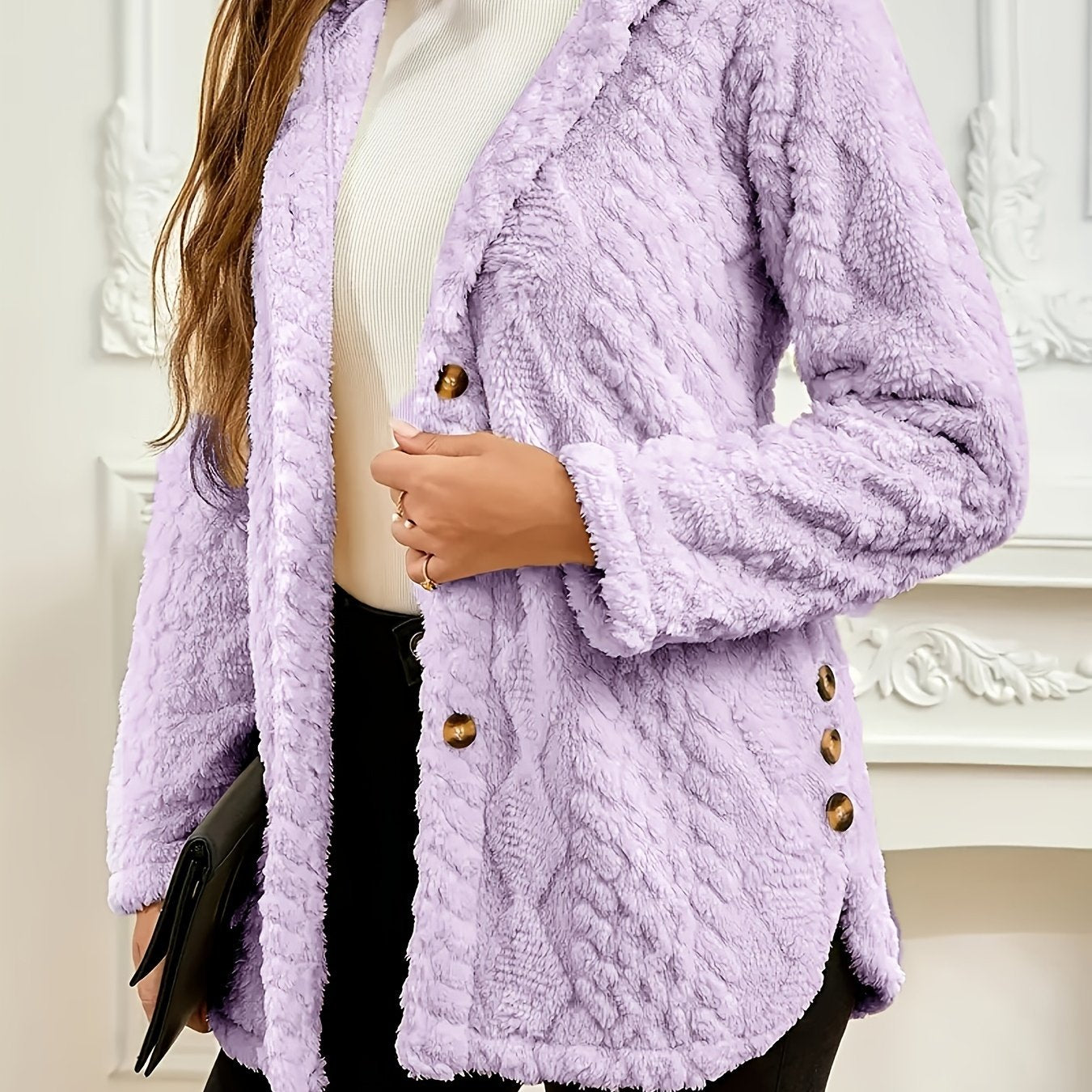 Elegant Pink Faux Fur Coat for Women - Chic Button-Front Hooded Jacket with Sleek Collar, Long Sleeves, and Ribbed Detailing - Perfect for Fall & Winter, Hand or Dry Clean Only