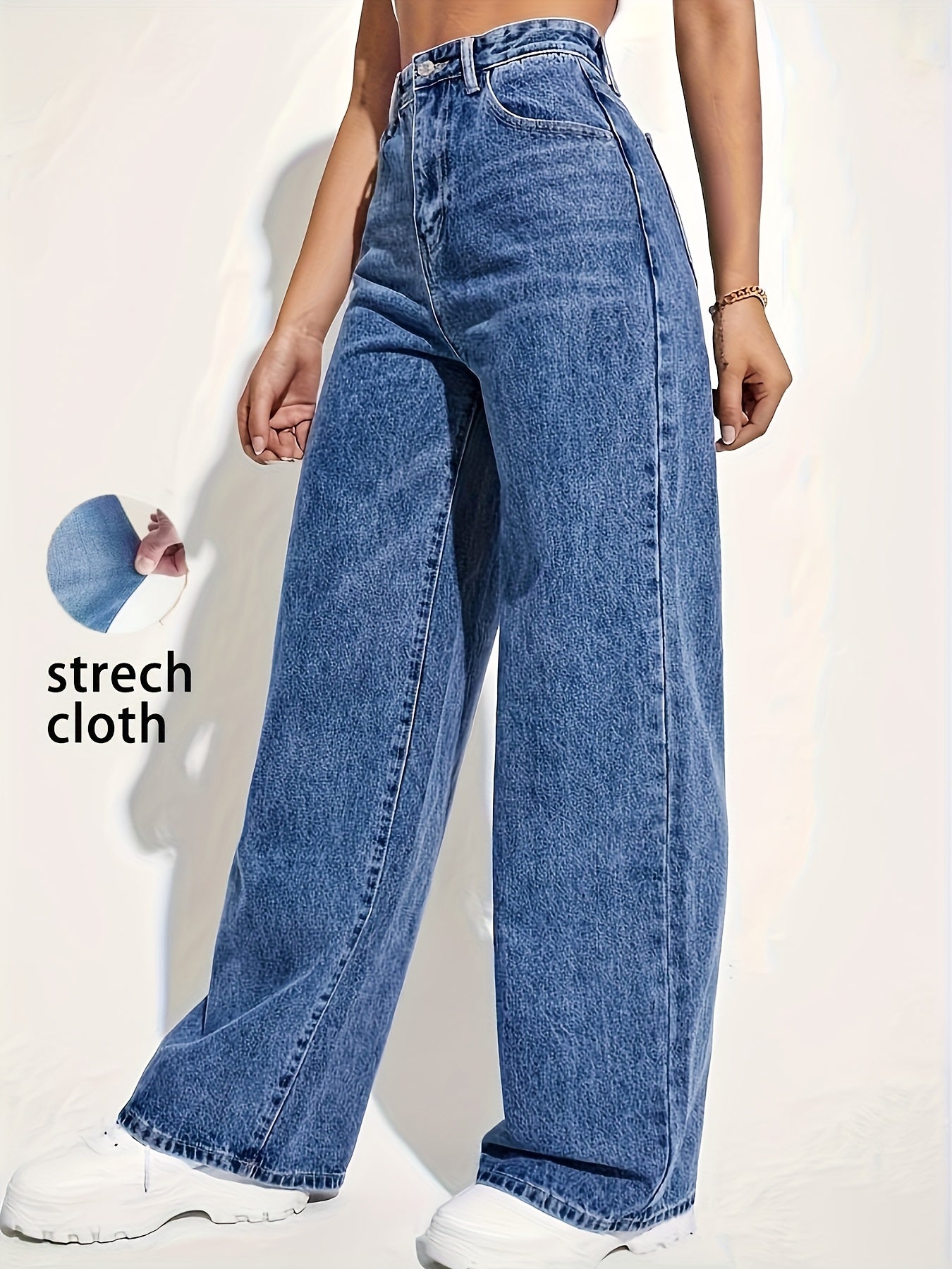 Women's Fashion Stretch Denim Long Pants, Casual Straight Leg Jeans with Zipper Fly, Viscose 68.00%, Polyester 25.00%, All-Season Solid Color Woven Trousers for Weekend Casual