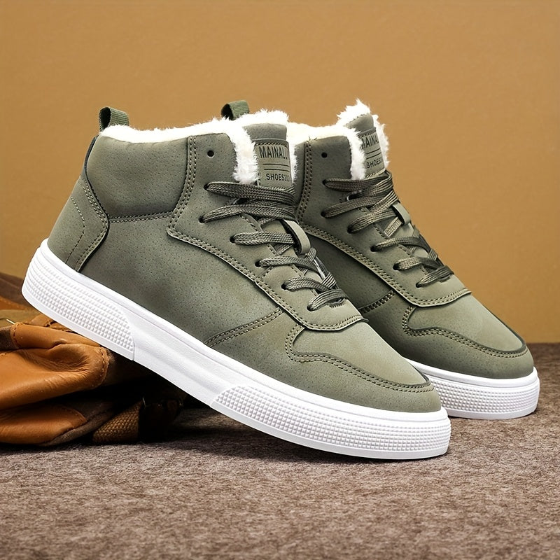 Men's Mid-Top Lace-Up Boots with Warm Plush Lining for Comfortable Winter Outdoor Street Walking and Strolling, Winter Boots