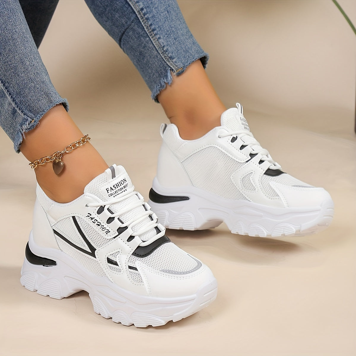 Women's Heighten Mesh Breathable Chunky Sneakers, Color-block Thick Bottom Casual Outdoor Running Shoes