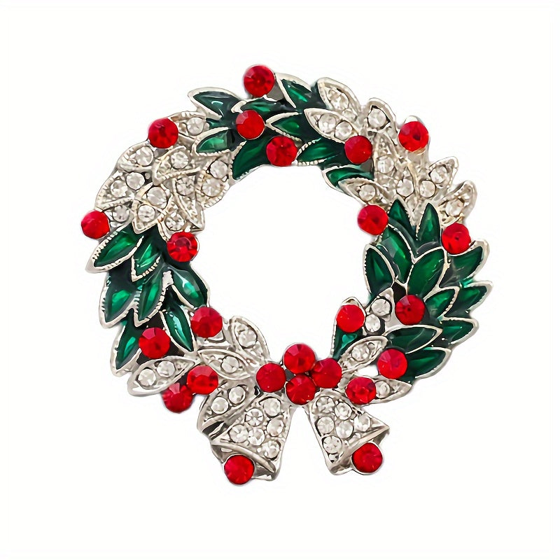 Luxury Christmas Bell Brooch with Rhinestone and Green Enamel Leaf, Alloy Golden-Plated, Fashionable Shiny Pin for Party and Banquet Accessories, Special Occasion Pin, Vintage Brooch, Elegant Design, Rhinestone Embellishment,