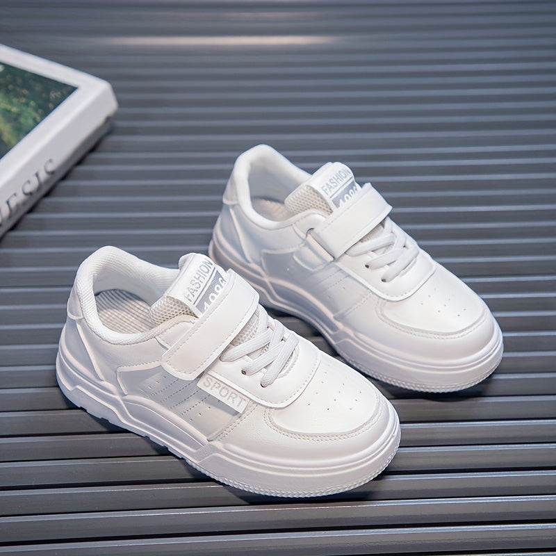 Youngsters' Stylish White Skate Sneakers - Casual & Sporty Low-Top Shoes with Hook-and-loop Fastener Closure, Breathable Fabric Lining, Durable Rubber Sole for Boys & Girls, Perfect for Running, Walking & Casual Attire, Skate
