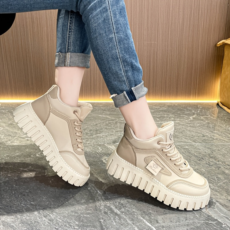 1 Pair Women'S Fashion Mid-Top Casual Sneakers, PU Upper, Fabric Lining, Rubber Sole, and EVA Insole, Lace-Up Design, with All-Season Versatile Athletic Shoes