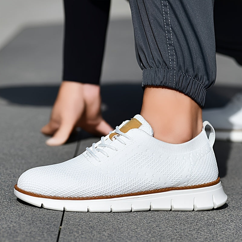Men's Breathable Knit Business Casual Shoes - Beige with Brown Accents, Lace-Up, EVA Sole, Round Toe, Versatile for All Seasons, Dressy Shoes