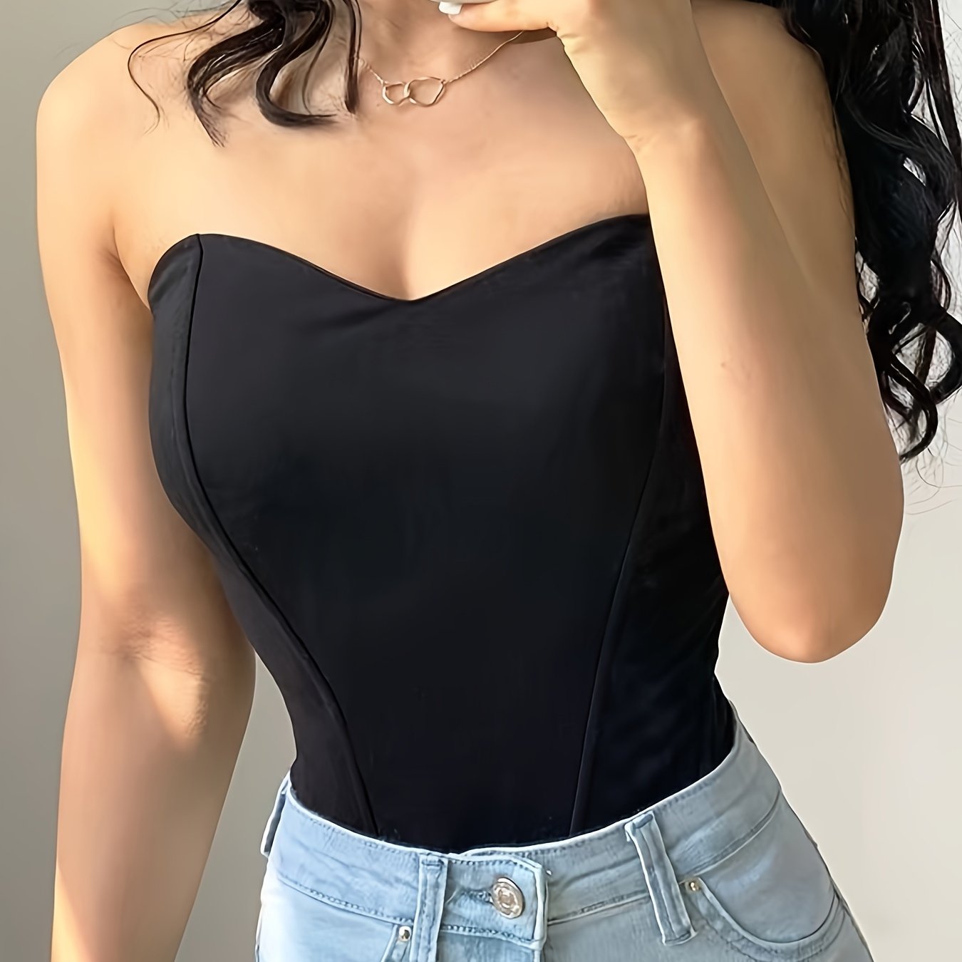 Elegant Off-Shoulder Corset Tank Top - Slim Fit, Fishbone Support, Solid Black, Stretchy Polyester Blend, Machine Washable, Women’s Fashion Essential