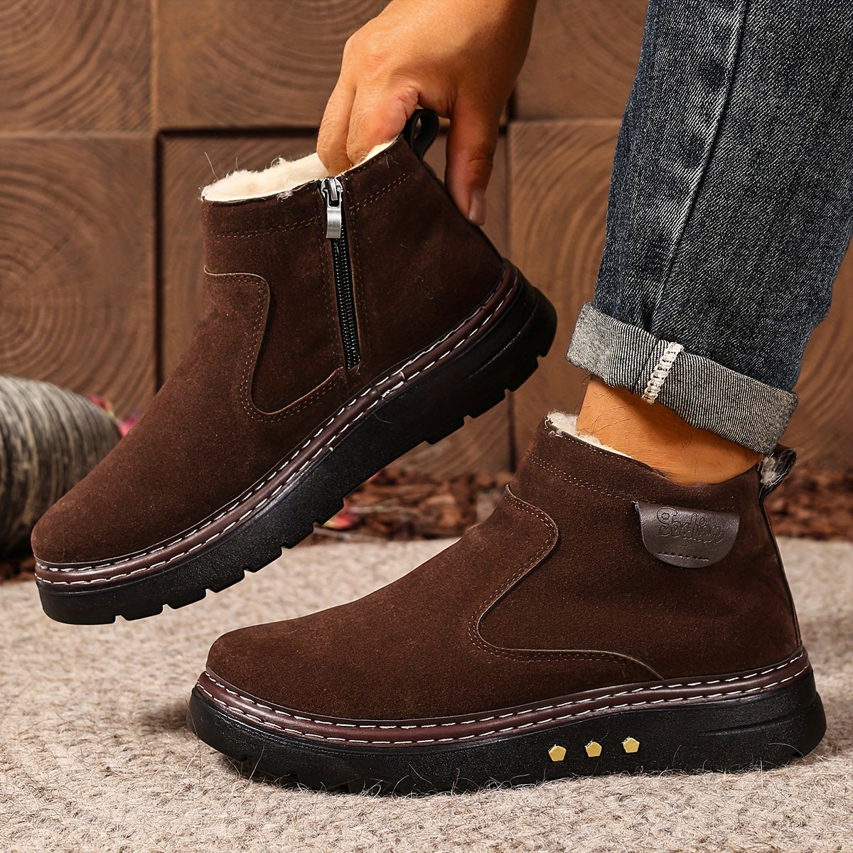 Men's Winter Ankle Boots - Slip-On Snow Boots with Fleece Lining & Thick PU Sole, Brown/Black - Slip-Resistant Traction Tread - Warm Thermal Boots for Ice, Snow, and Cold Weather - Ideal for Everyday, Formal, or winter activi