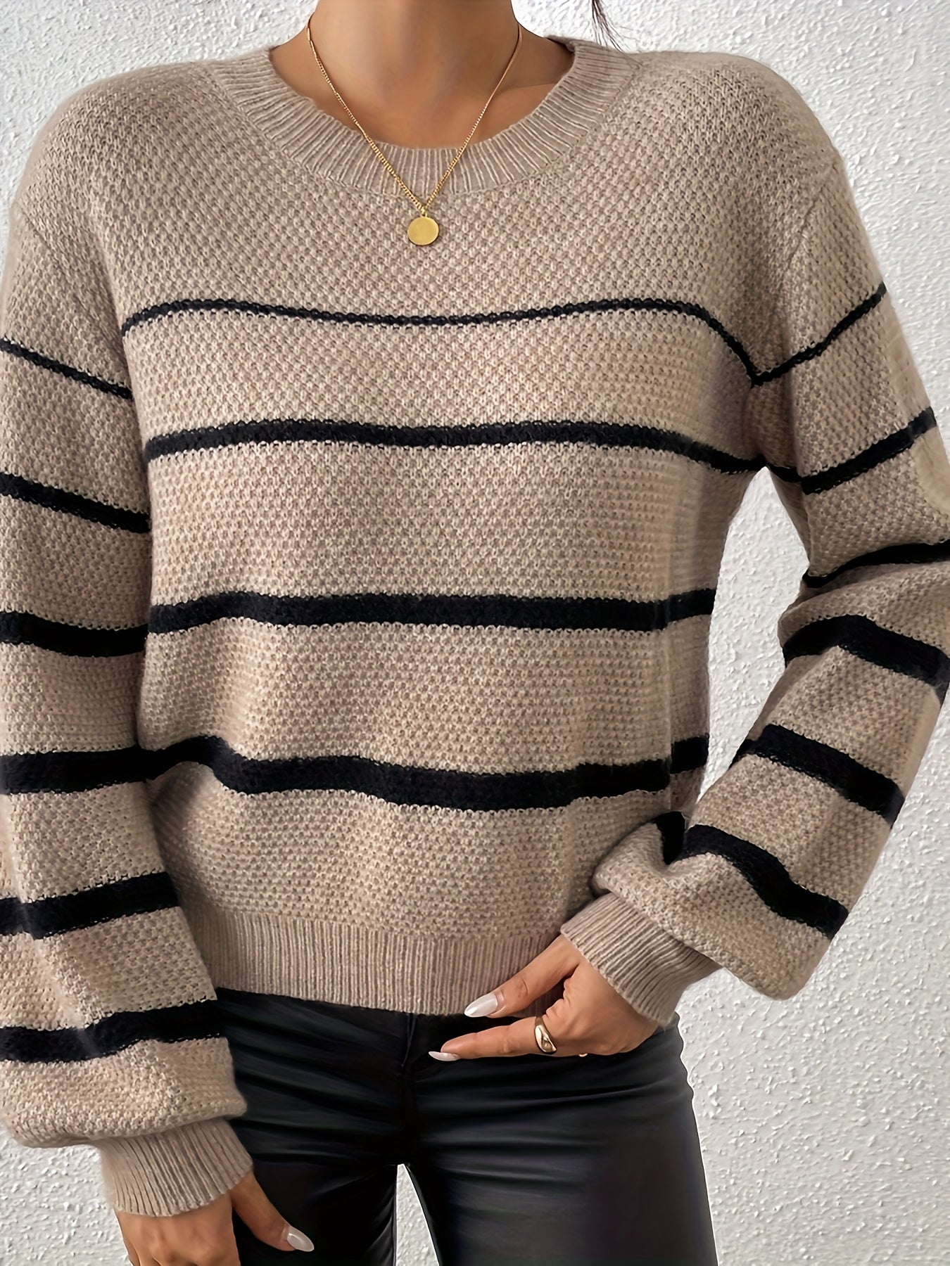 Elegant Crew Neck Stripes Color Block տրիկոտաժե գործվածքից կարճաթև կլոր պարանոցի սվիտեր, Նոր ժամանում, կանանց համար, գարուն/աշուն
