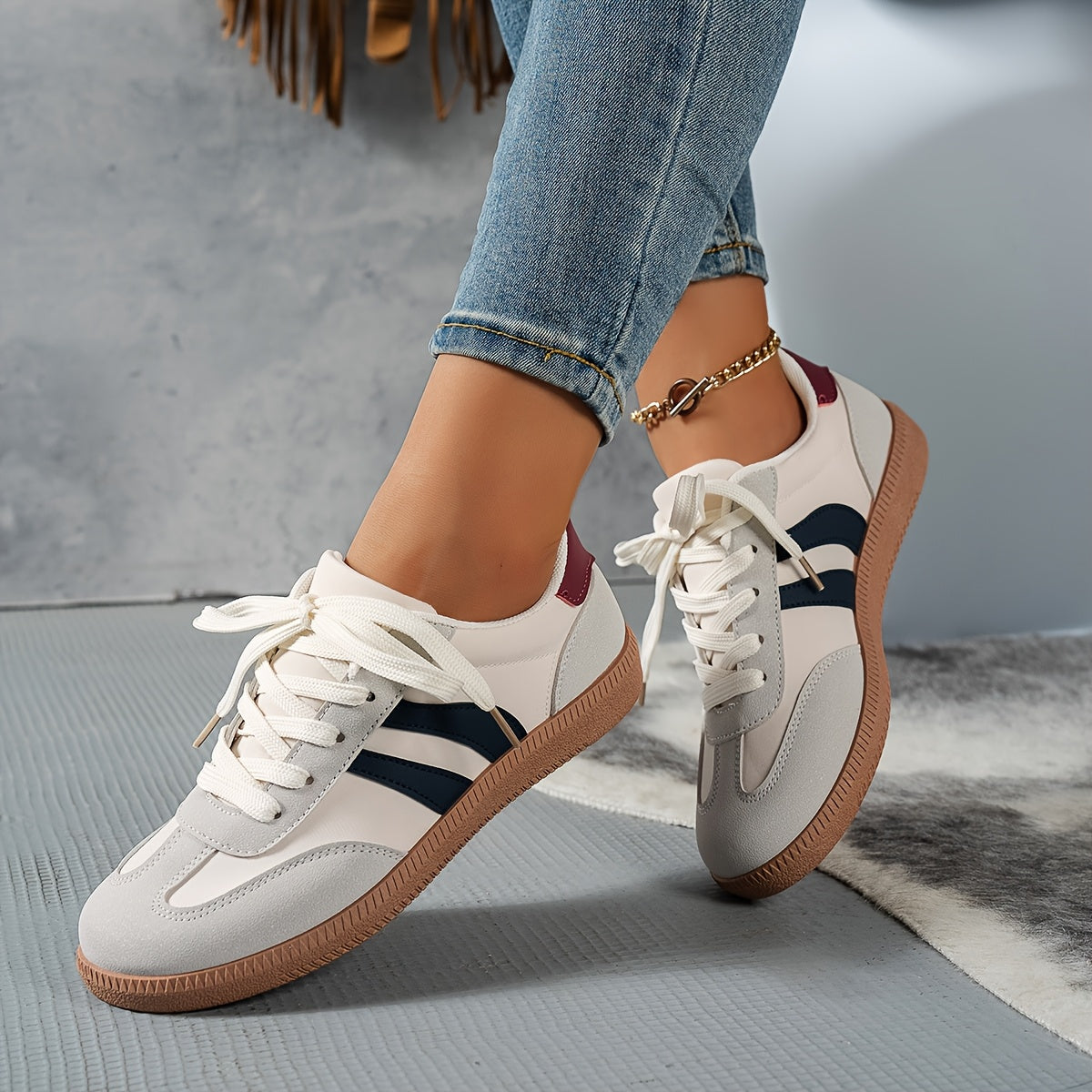 Women's Casual Low-Top Sneakers - Trendy Color Block Design, Light Gray with Navy Blue & Red Stripes, Comfortable Lace-Up Shoes for Casual Attire, Retro Style, Faux Cover Upper, PVC Sole, EVA Insole, Perfect for Spring and Fa