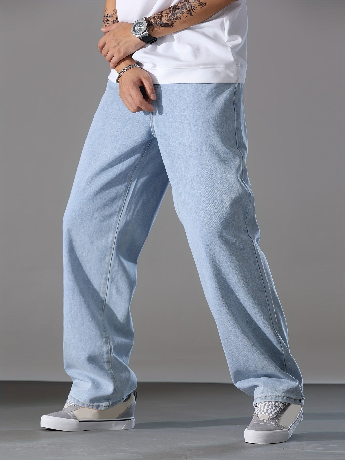 Men's Solid Denim Pants With Pockets, Causal Cotton Blend Jeans For Outdoor Activities