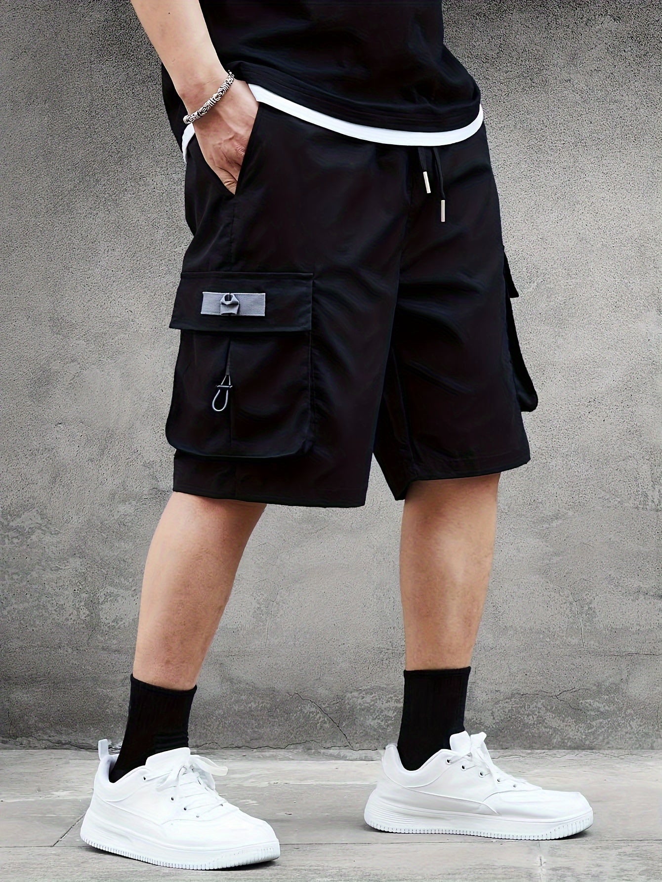Men'S American Work Shorts, Casual, Solid Color, Loose Fit, Polyester, Woven, with Large Capacity Pocket and Personality Drawstring Design