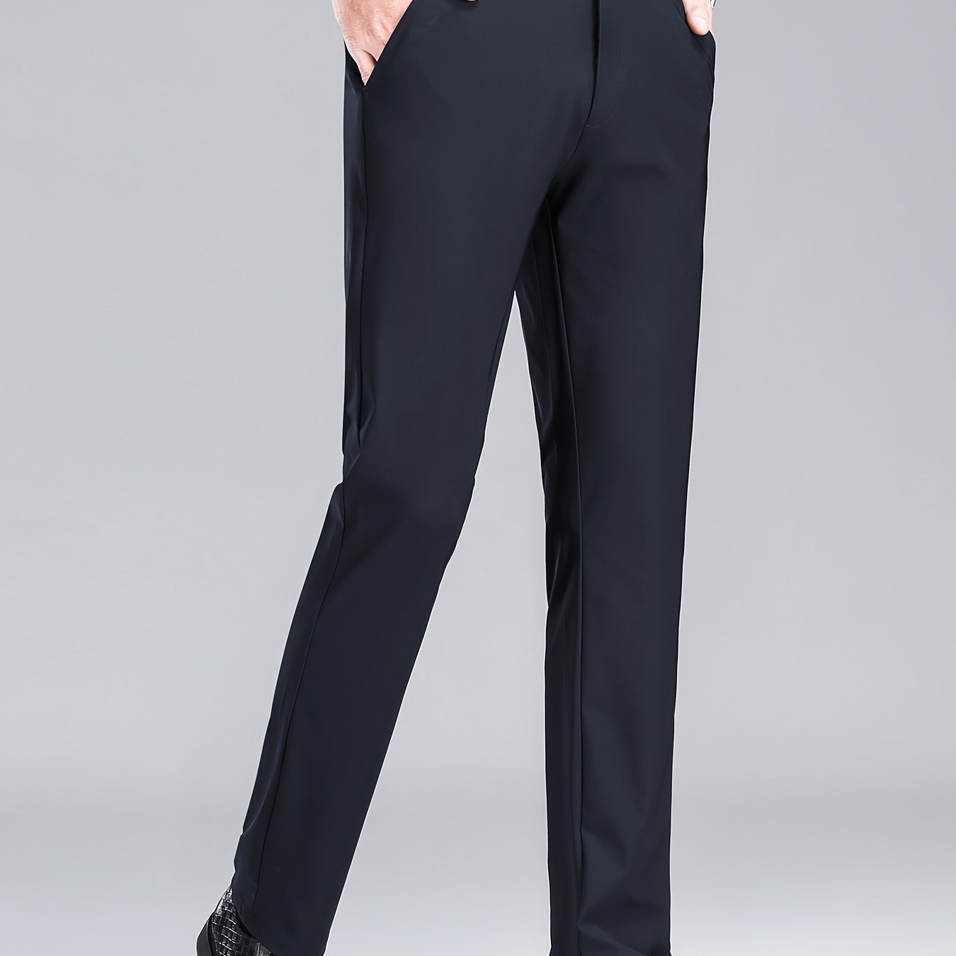 Men'S Navy Blue Straight Leg Dress Pants - Casual Style, Polyester Fabric with Slight Stretch, Mid Waist, Button Closure, No Belt, Regular Fit, Outdoor & Office Wear, Office Attire|Straight Leg Pants|Polyester Fabric