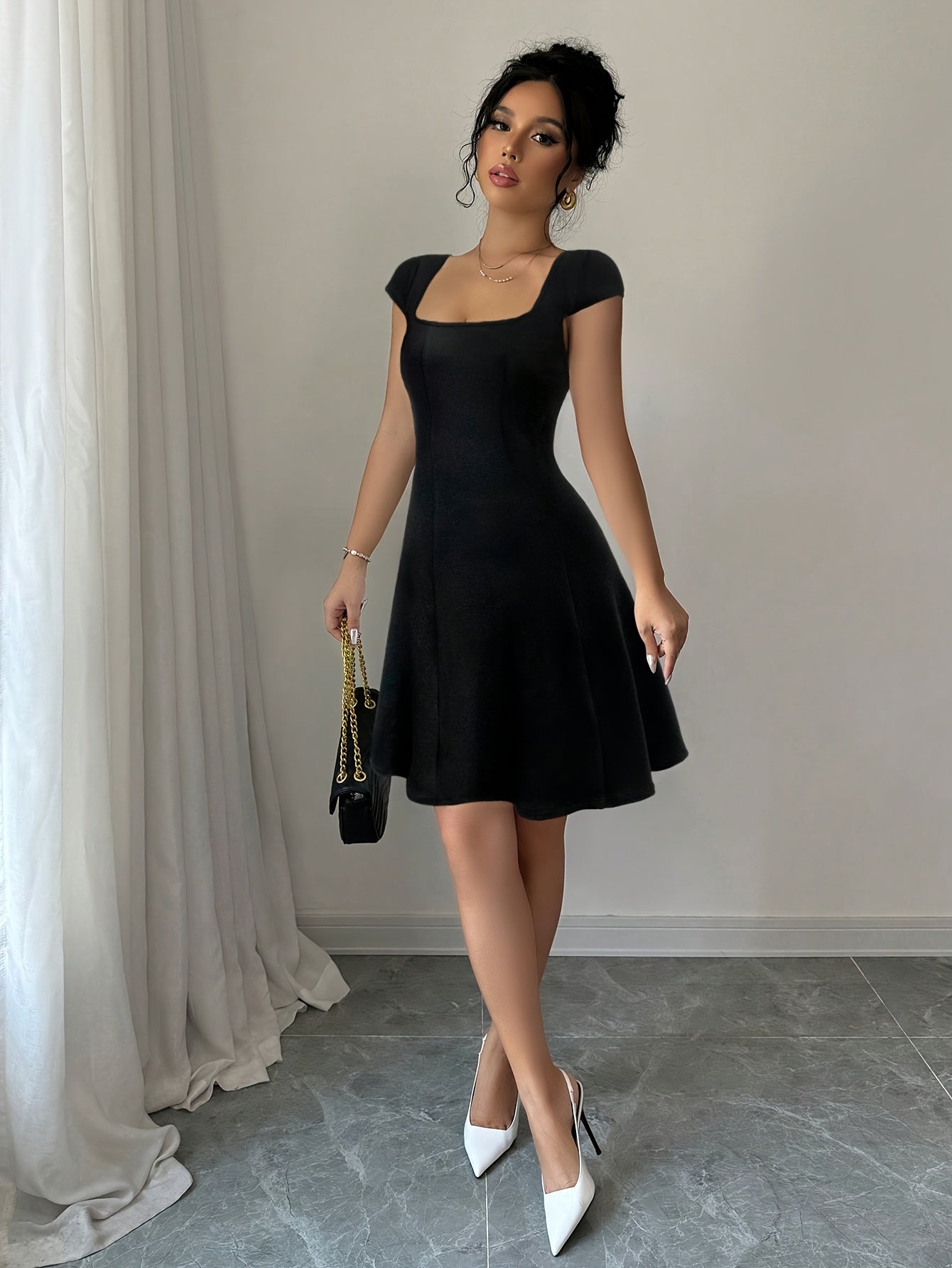Elegant Square Neck A-Line Dress with Puff Sleeves - Stretchy, Solid Color, Chic Design for Everyday & Work Wear