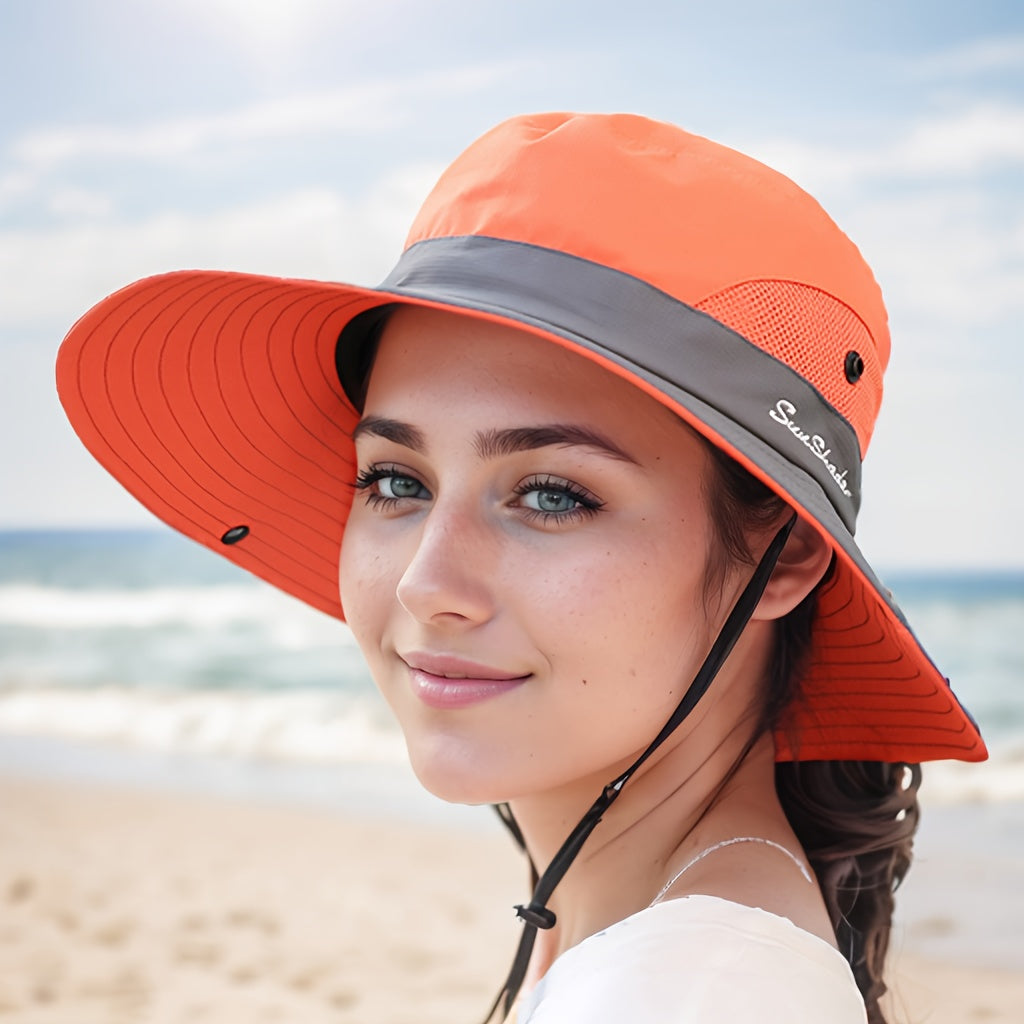 Women's Dual-Tone Sun Hat with Ponytail Hole - Breathable Mesh, Waterproof, Wide Brim for Beach & Fishing, Perfect for Spring, Summer & Fall
