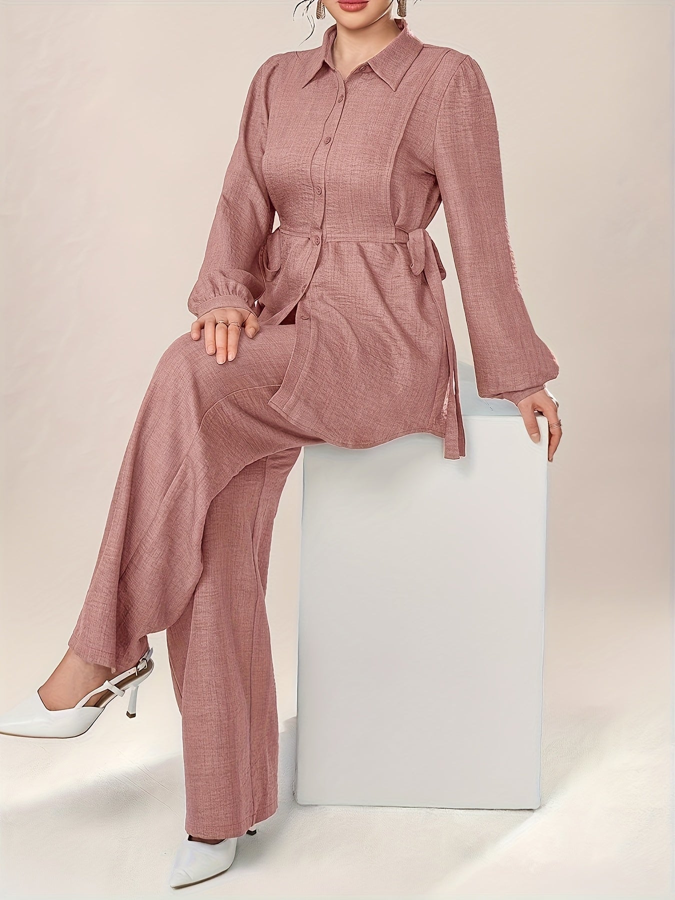 Women'S Solid Color Long Sleeve Knotted Waist Single-Breasted Shirt and Pants Elegant Commuter Set, Two-Piece Summer Autumn Women'S Outfit Office Business Casual Women'S Suit