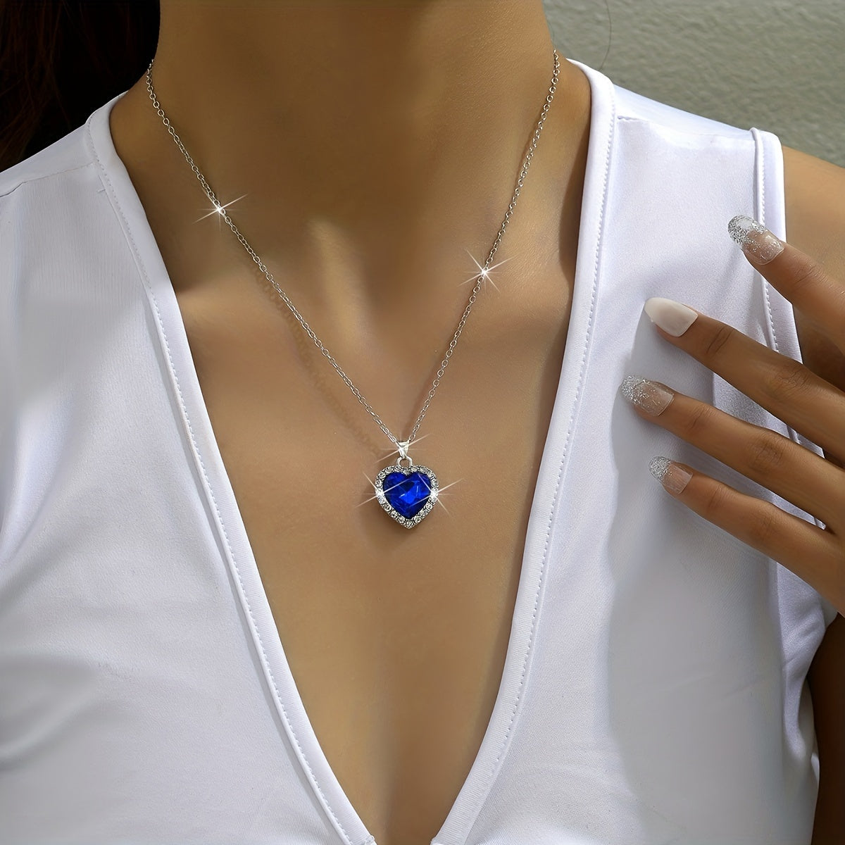 Birthstones Կախազարդ Վզնոց Սրտաձև Սինթետիկ Կապույտ Քարեր Ամբողջ Փայլուն Ցիրկոնիայից Կախազարդով Կանացի պարանոցի փայլուն շղթայով
