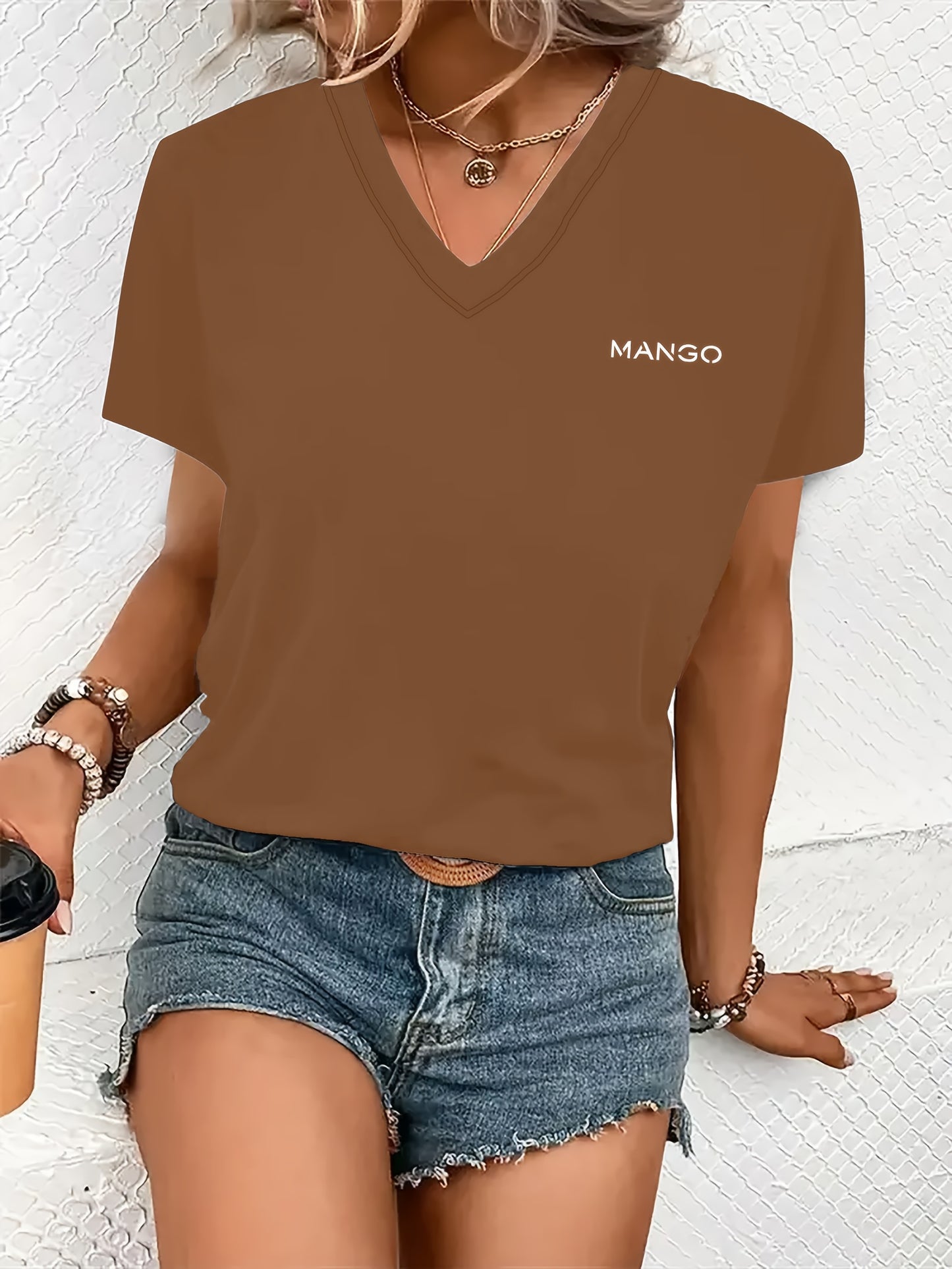 Women'S Y2K V-Neck Short Sleeve T-Shirt - Casual & Comfortable Geometric Pattern, Regular Fit All-Season Top for Casual Attire, Everyday Tshirt | Y2K Fashion | Comfortable Fit