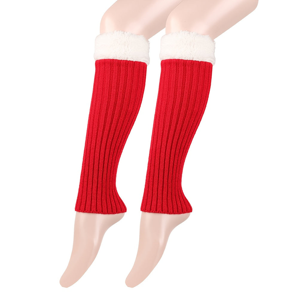 2pcs Women's Thermal Over-the-Knee (OTK) Leg Warmers & Footies - Thick Winter Warmth, Soft Fleece Lining, Red/White Cuff, Hand Washable, Snug Fit for Christmas, Casual & Formal Outfits - Ideal for Cold Weather & Layering, Sol