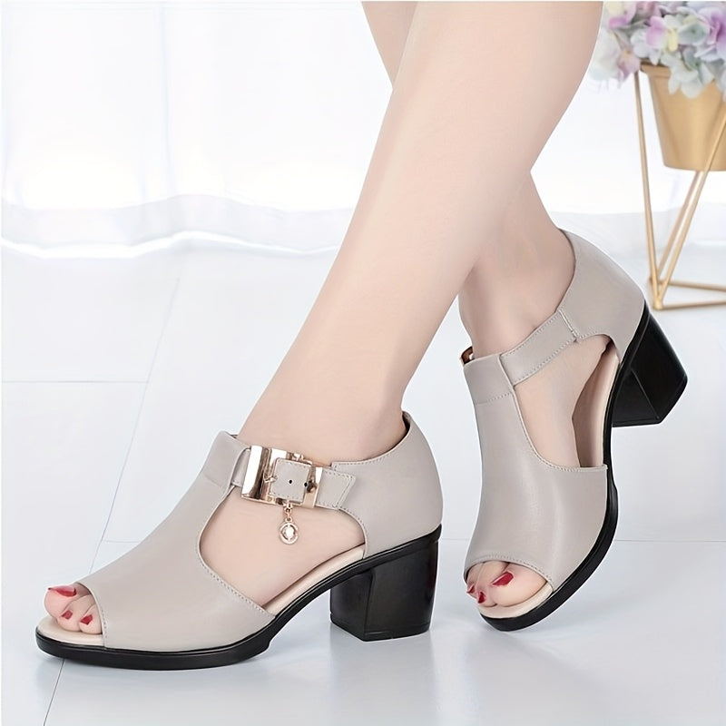 Elegant Women'S Open-Toe Chunky Heel Shoes - Comfortable Mid-Height with Golden Buckle Strap, Breathable Cut-Out Design, Shock-Absorbing Insole Durable Rubber Sole for Summer Casual Formal Occasions, High Heel Footwear, D