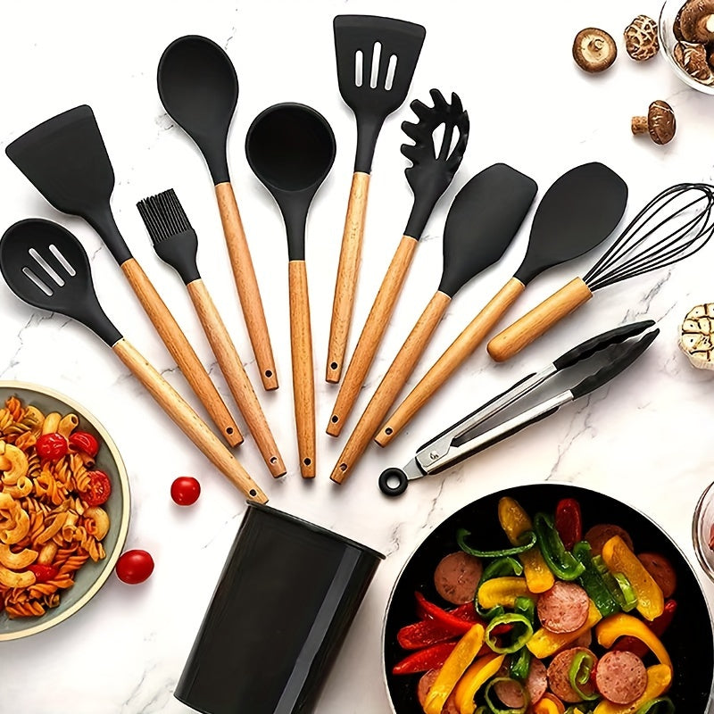 12pcs, wooden handle silicone kitchenware 12 sets, high temperature silicone spatula, spoon, cream spatula, slotted spoon, spaghetti grab, thick spoon, non-stick cooking spoon set, kitchen cooking tools, silicone kitchen uten