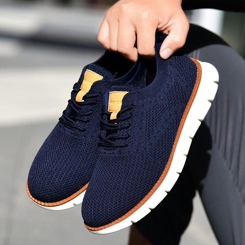 Men's Breathable Knit Business Casual Shoes - Beige with Brown Accents, Lace-Up, EVA Sole, Round Toe, Versatile for All Seasons, Dressy Shoes