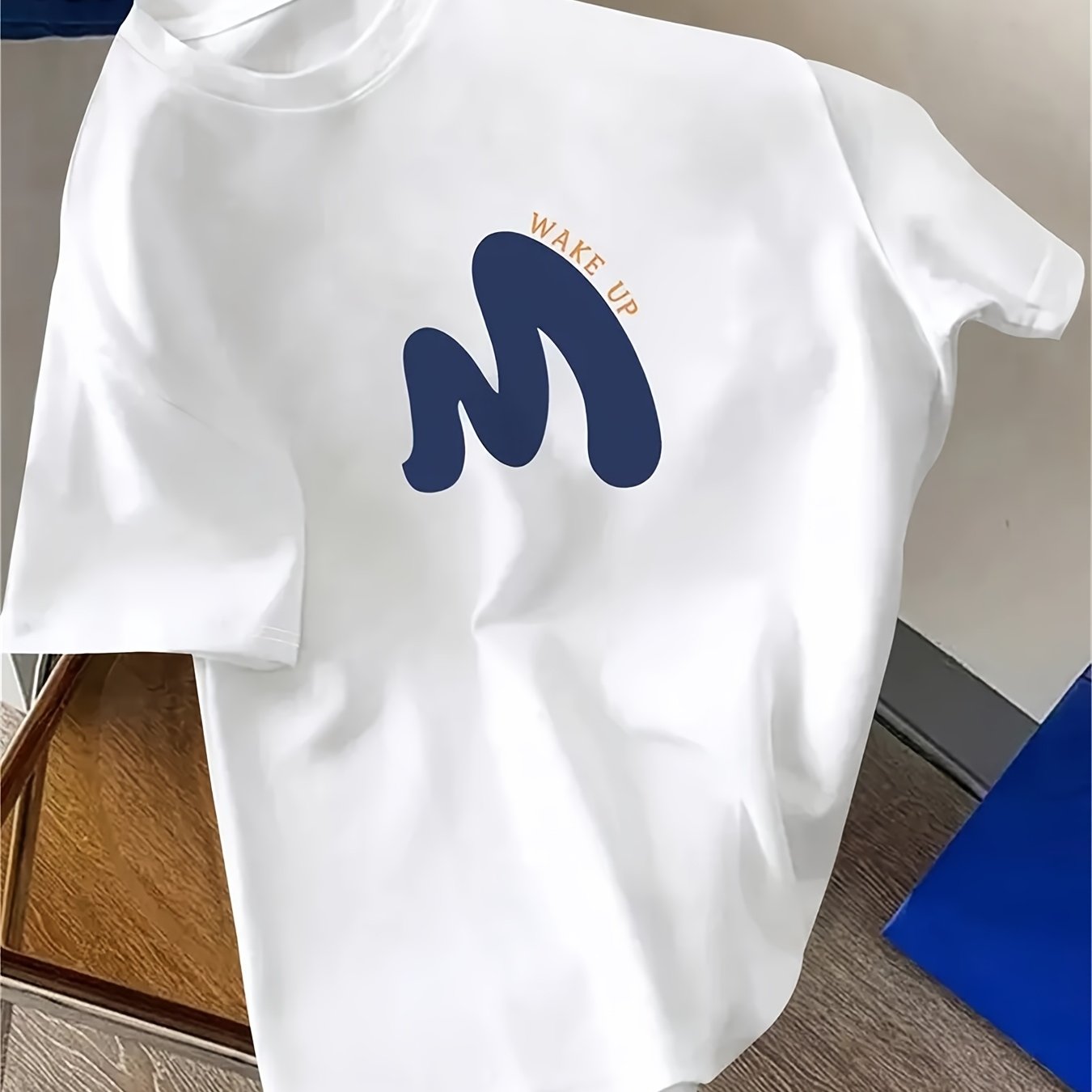 "WAKE UP" Graphic Tee - Comfortable Casual Brown Short Sleeve Crewneck T-Shirt with White Print, Summer Wear