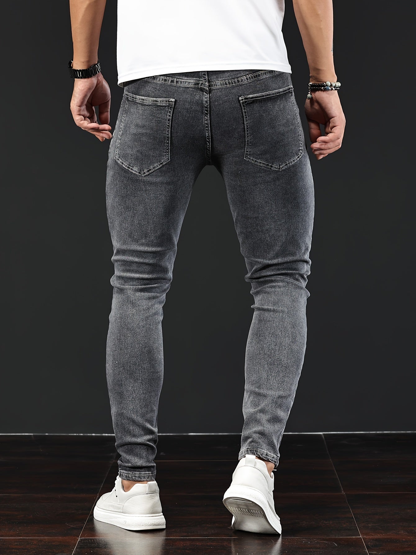 Slim Fit Chic Jeans, Men's Casual Street Style All Match Stretch Denim Pants With Pockets