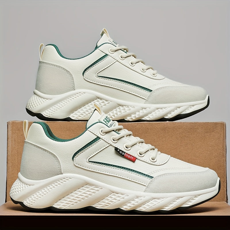 Men's Retro Sneakers - White Green Accent Lace-Up Shoes, Cushioned PVC Sole for All-Day Comfort, Low-Top Sneakers for Gym, Office, Casual Attire - Model HX-7, Gym Footwear, Sleek Casual Style, Fabric Upper, Durable Traction
