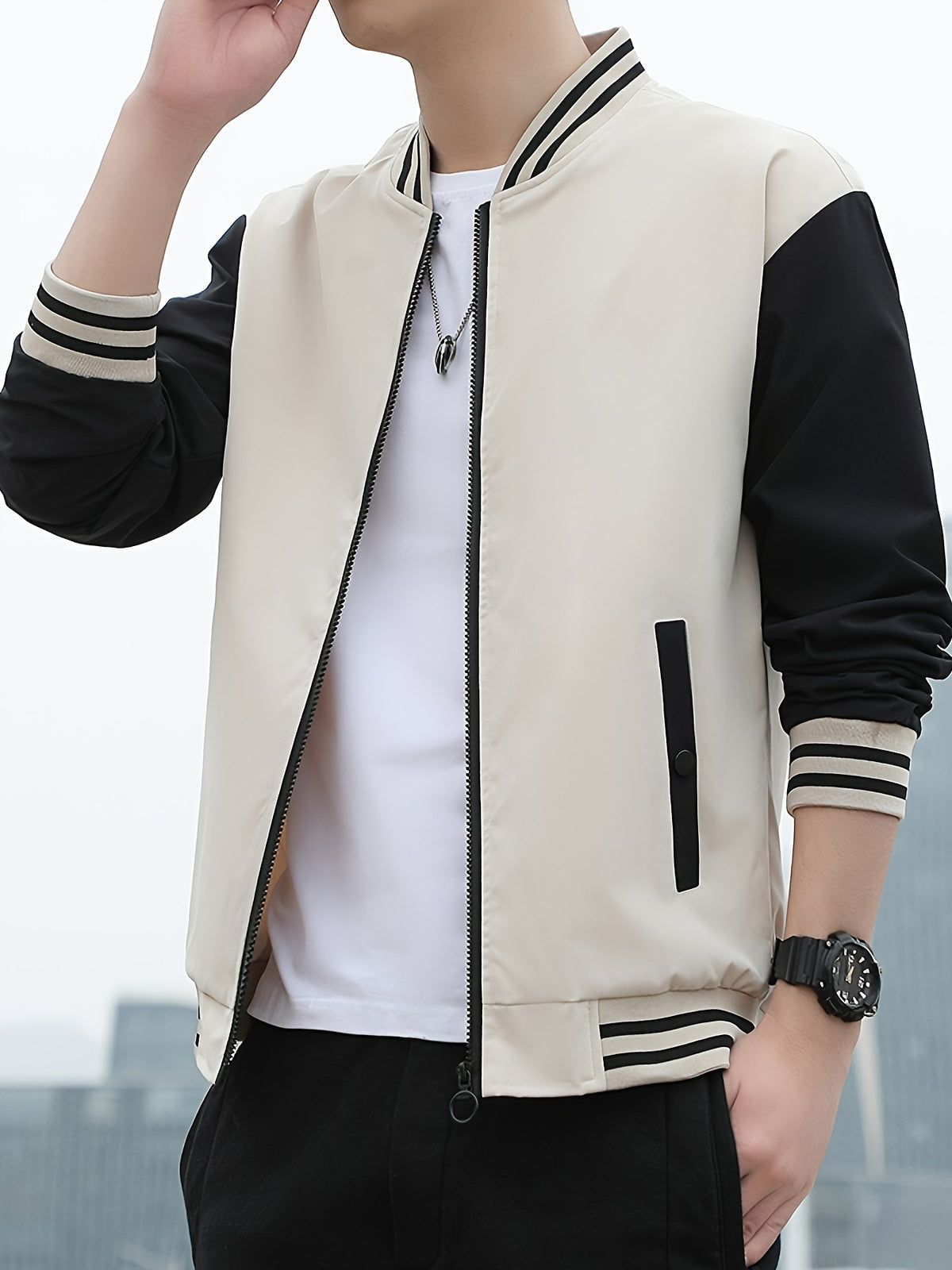 Men's Casual Autumn Jacket with Geometric Pattern, Polyester
