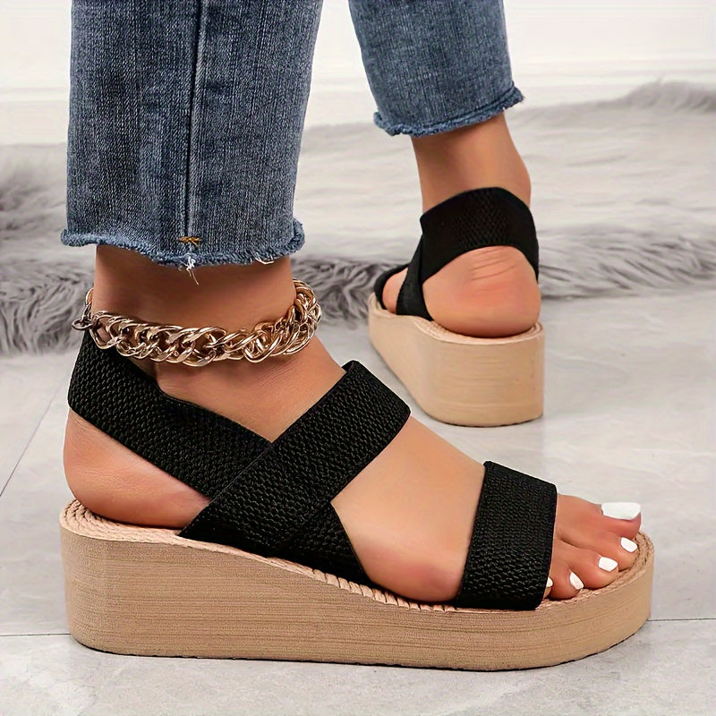 Women's Casual Wedge Sandals, Lightweight Open Toe Elastic Band Slip On Shoes, Summer Outdoor Beach Sandals