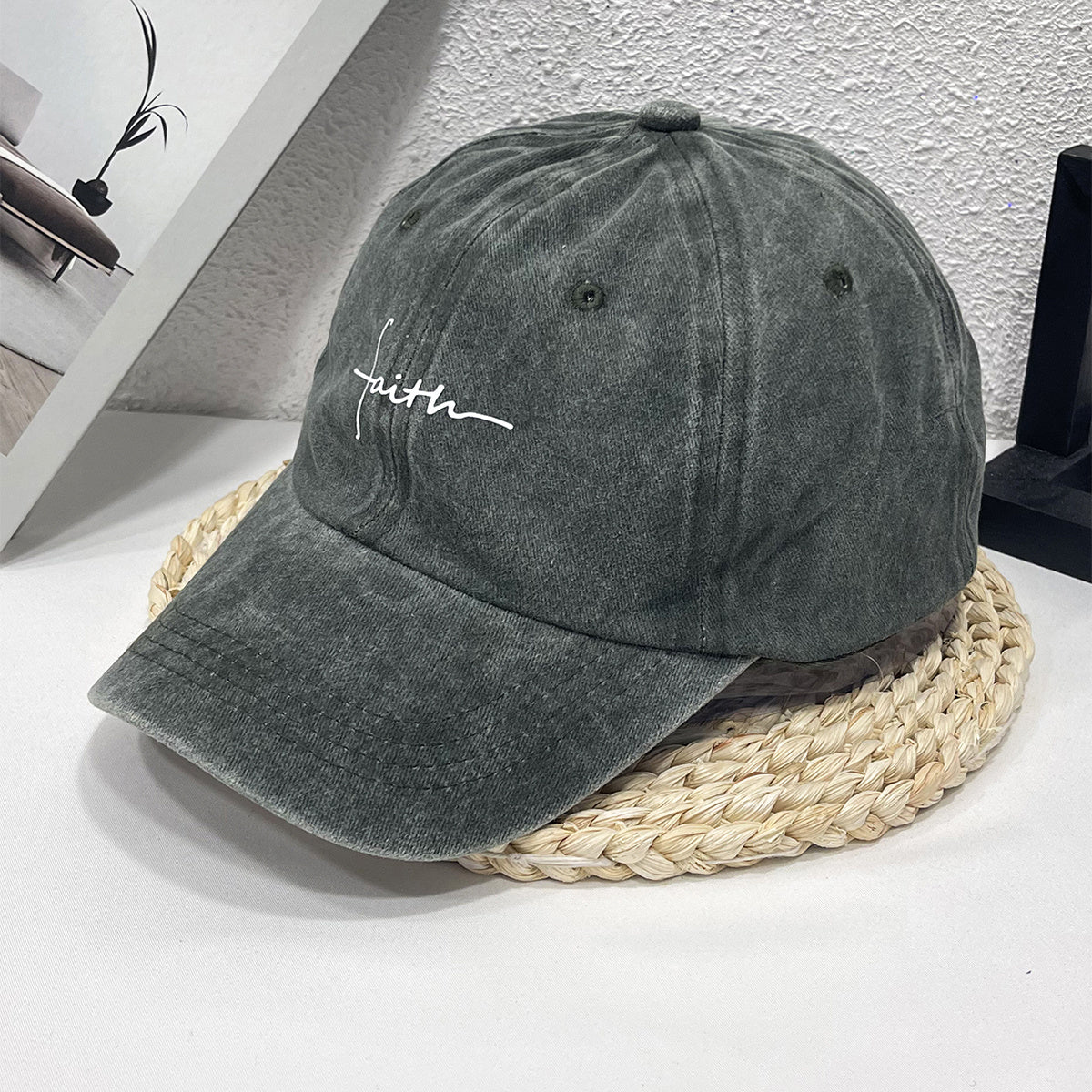 Vintage Street Style Water Wash Denim Polyester Baseball Cap, Faith Print, for Men, Women