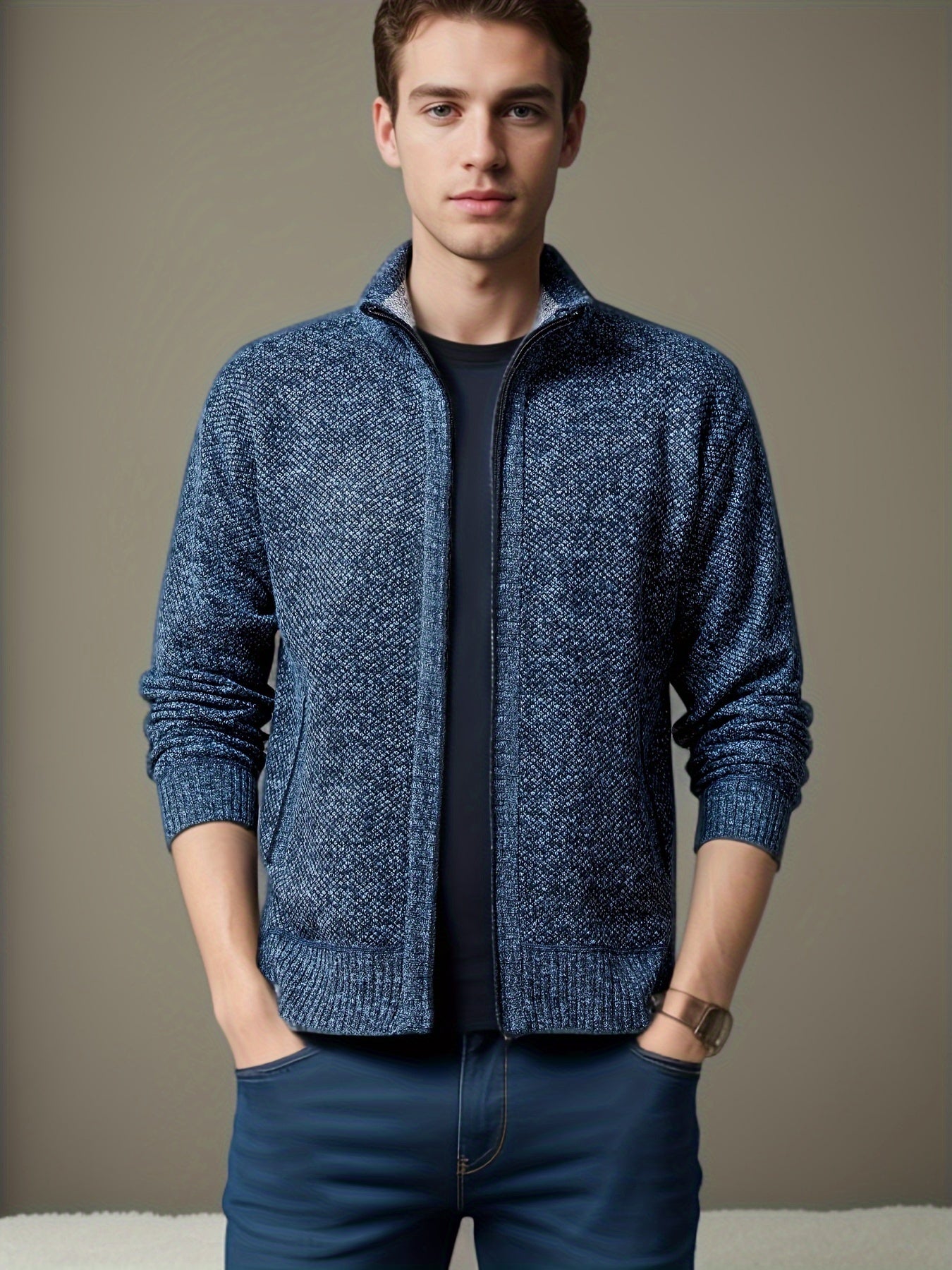 Men's Solid Fleece Knitted Cardigan With Pockets, Casual Long Sleeve Turtle Neck Zip Up Warm Sweater For Winter Fall Outdoor Activities