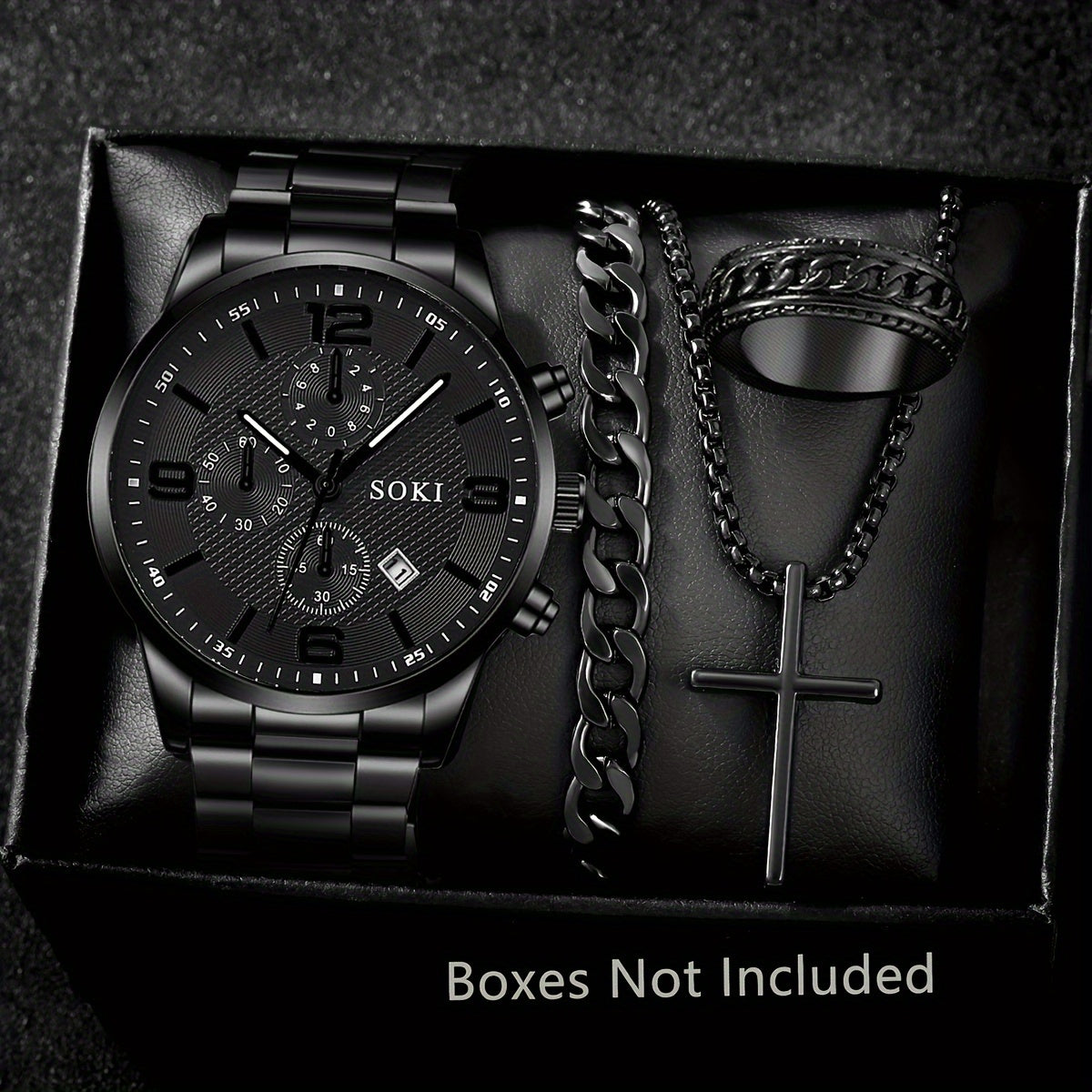 SOKI Men'S Casual Quartz Watch Set, 4pcs, Round Dial, Alloy Case, Stainless Steel Strap, Pointer Display, Calendar Feature, Non-Waterproof, Electronic Movement, Battery Powered, with Silvery Cross Pendant Necklace Ring Bracel