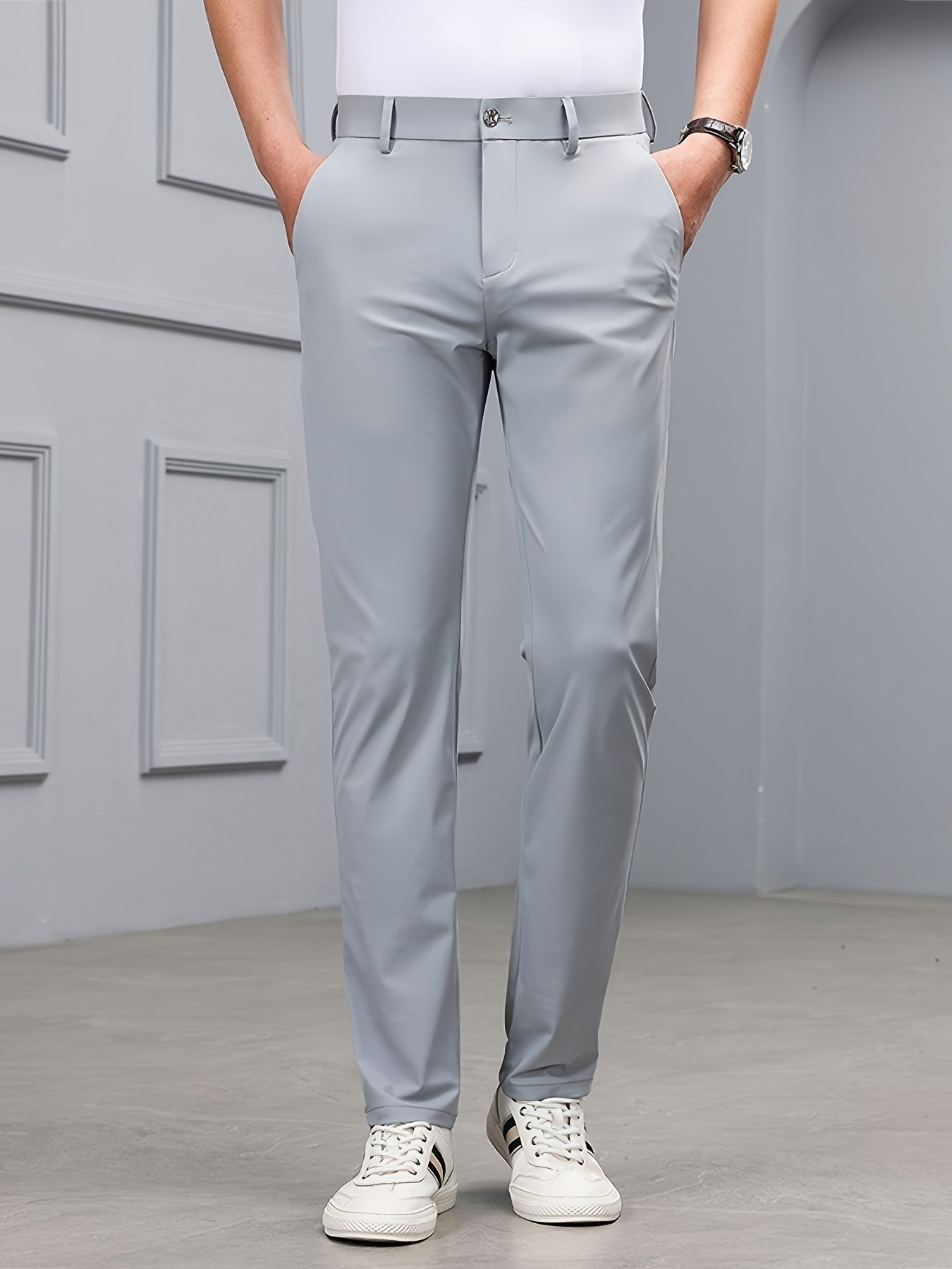 Men's Slim-Fit Stretch Casual Pants with Multiple Pockets - Waterproof, UV Protection, Light Gray, Straight Leg, Nylon Blend for Spring/Fall, Button Closure, Comfortable & Stylish Design, Everyday Comfort Pants | Modern Casua