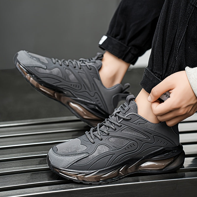 Men's Casual Sneakers - Breathable Low-Top Lace-Up Design, Durable PU Upper Cushioned PVC Sole for All-Season Comfort - Black with Yellow Accents - Ideal for Running, Hiking, Daily Wear, Hiking Footwear, Stylish Contrast Ac